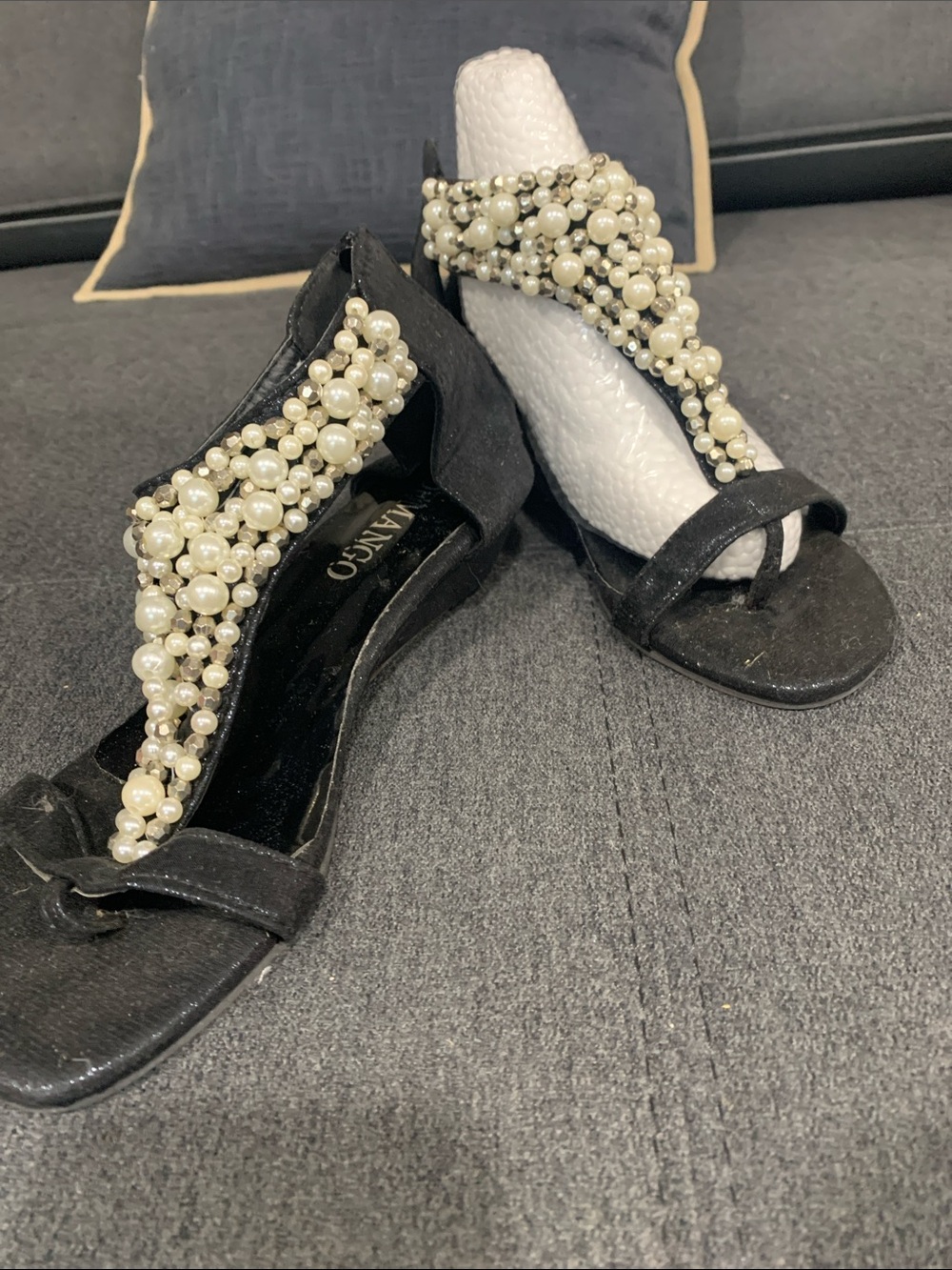Demango Black Pearl-Cluster T-Strap Sandals